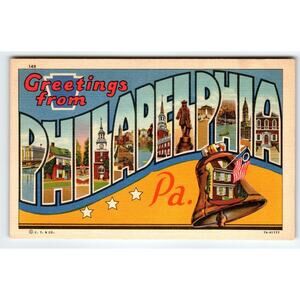 Greeting From Philadelphia Liberty Bell Large Letter Postcard Pennsylvania Linen